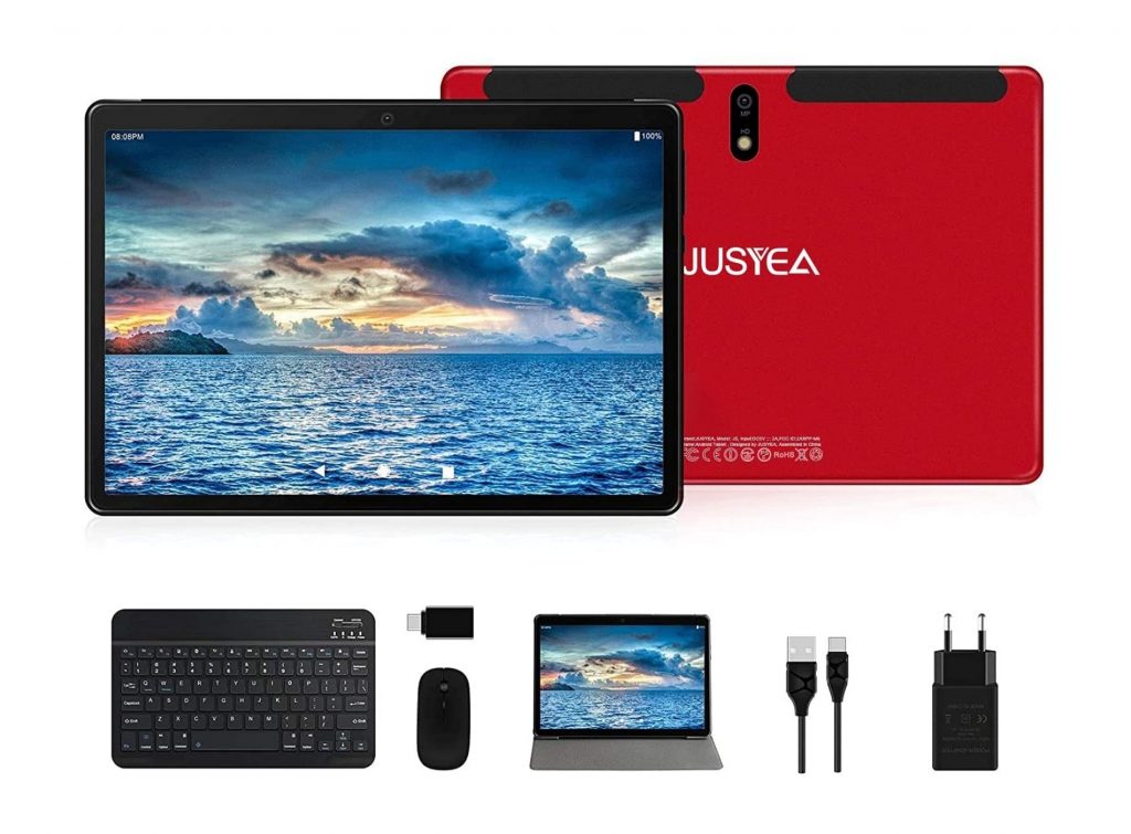 Accesorios disponibles para tablet Jusyea 5 con teclado, mouse, lápiz óptico, forro y adaptador.